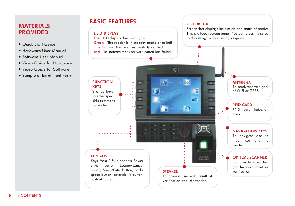 Materials provided, Basic features | FingerTec i-Kiosk 100 Plus Manual User Manual | Page 6 / 97