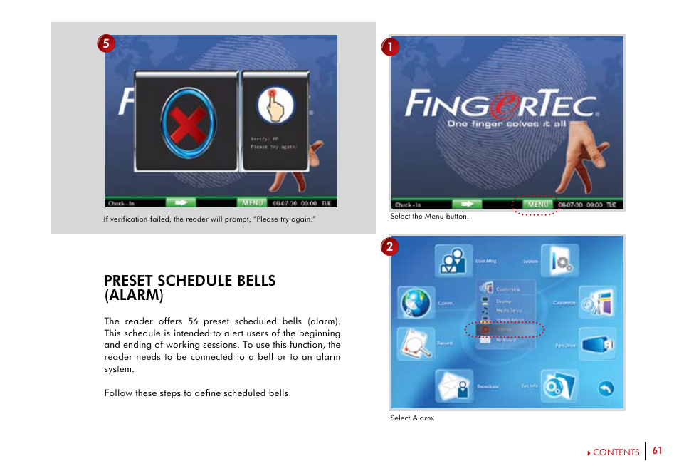 Preset schedule bells (alarm) | FingerTec i-Kiosk 100 Plus Manual User Manual | Page 61 / 97