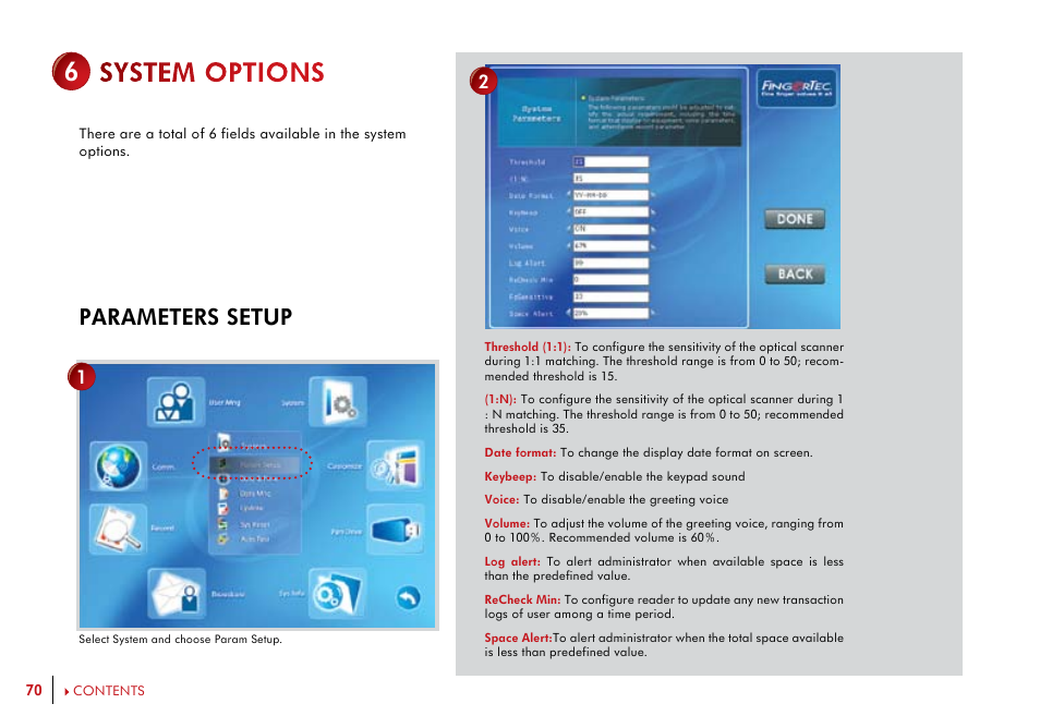 System options, Parameters setup date/time adjustment, Data management update system reset auto test | Parameters setup | FingerTec i-Kiosk 100 Plus Manual User Manual | Page 70 / 97