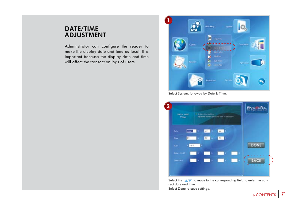 Date/time adjustment | FingerTec i-Kiosk 100 Plus Manual User Manual | Page 71 / 97