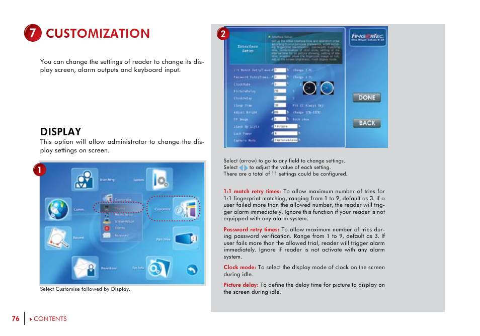 Customize, Display media setup screen adjust, Alarms keyboard | Display | FingerTec i-Kiosk 100 Plus Manual User Manual | Page 76 / 97