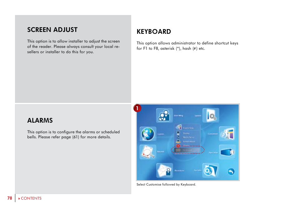 Screen adjust, Alarms, Keyboard | FingerTec i-Kiosk 100 Plus Manual User Manual | Page 78 / 97