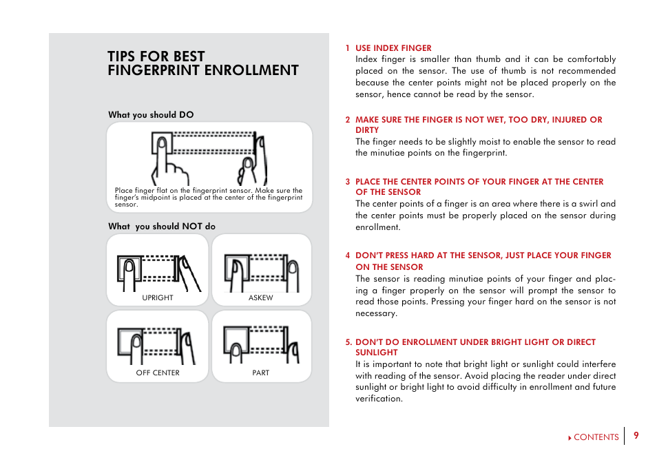 Tips for best fingerprint enrollment | FingerTec i-Kiosk 100 Plus Manual User Manual | Page 9 / 97