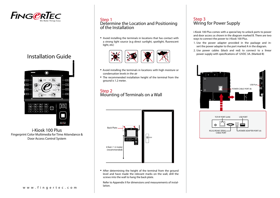 FingerTec i-Kiosk 100 Plus Installation Guide User Manual | 3 pages