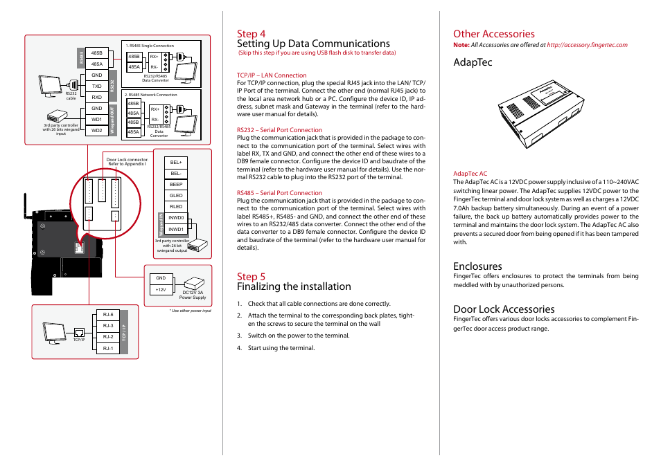 Other accessories, Adaptec, Enclosures | Door lock accessories, Step 4 setting up data communications, Step 5 finalizing the installation, D oo r lock tim er | FingerTec i-Kiosk 100 Plus Installation Guide User Manual | Page 2 / 3