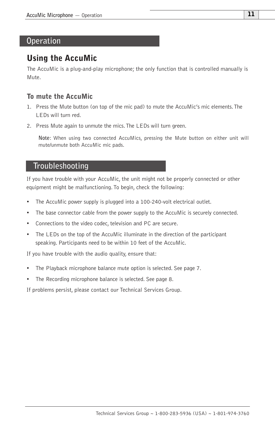 Troubleshooting, Using the accumic, Operation | ClearOne AccuMic VC-PC User Manual | Page 14 / 20