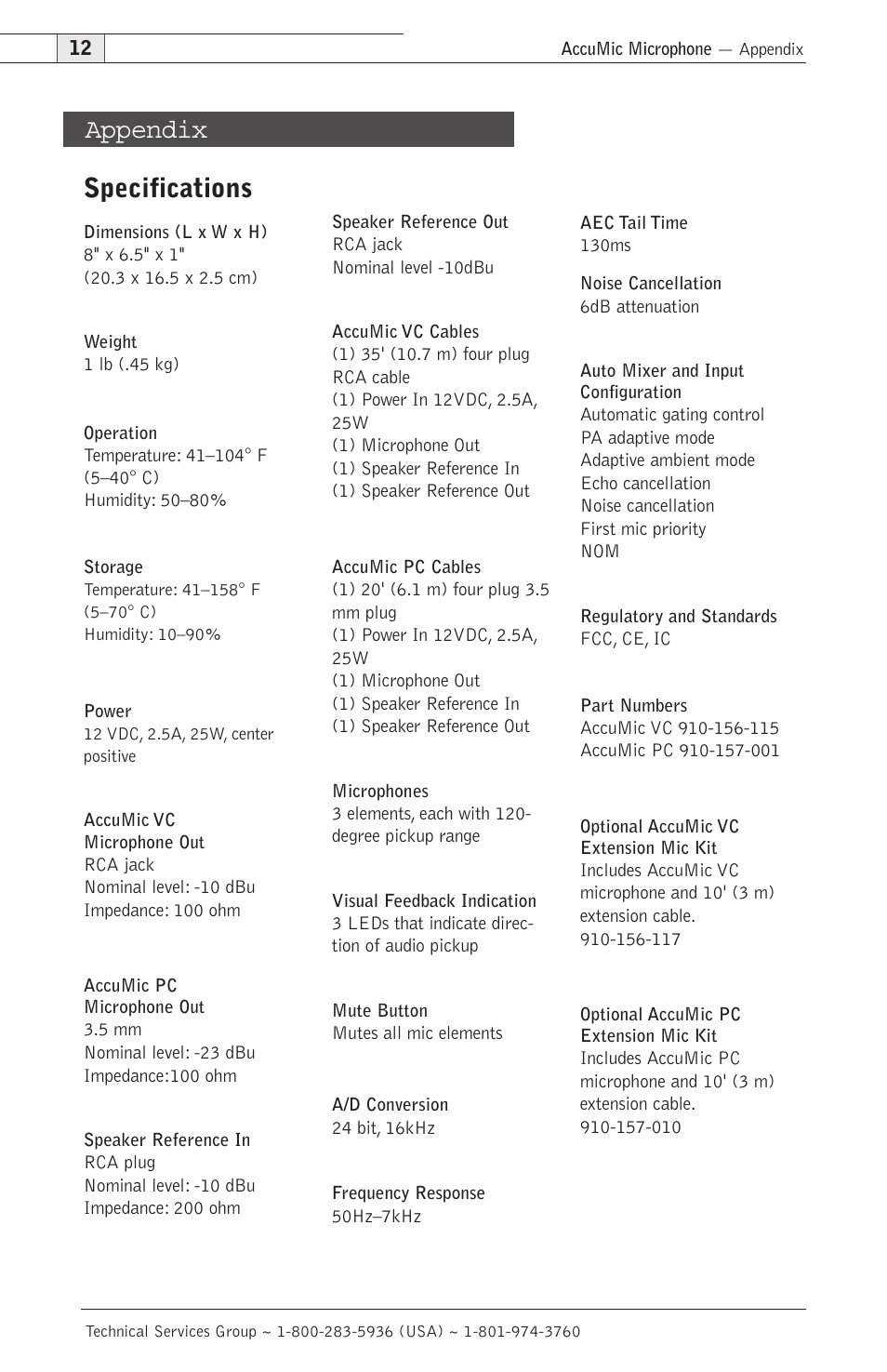 Specifications, Appendix | ClearOne AccuMic VC-PC User Manual | Page 15 / 20