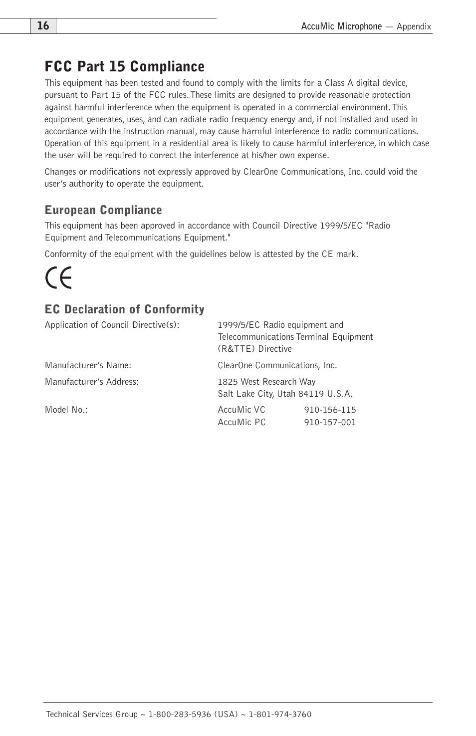 Fcc part 15 compliance, European compliance, Ec declaration of conformity | ClearOne AccuMic VC-PC User Manual | Page 19 / 20