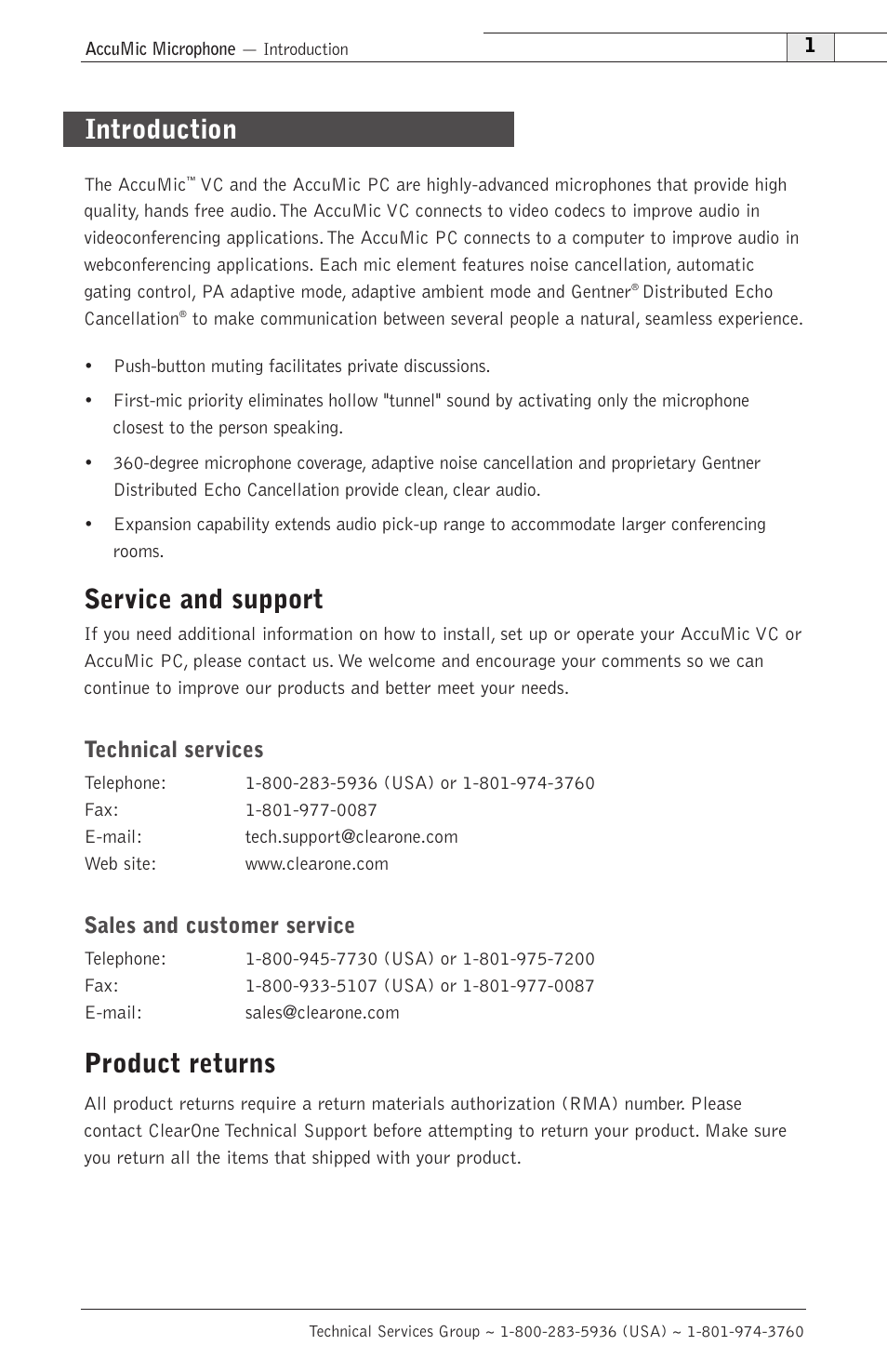 Service and support, Product returns, Introduction | Technical services, Sales and customer service | ClearOne AccuMic VC-PC User Manual | Page 4 / 20