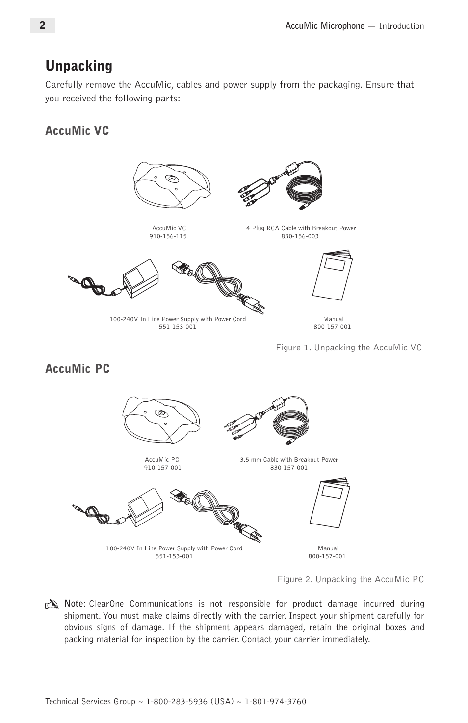 Unpacking, Accumic vc accumic pc | ClearOne AccuMic VC-PC User Manual | Page 5 / 20