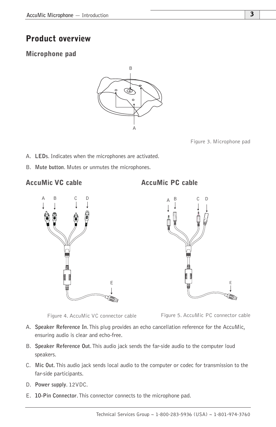 Product overview, Microphone pad, Accumic vc cable | Accumic pc cable | ClearOne AccuMic VC-PC User Manual | Page 6 / 20