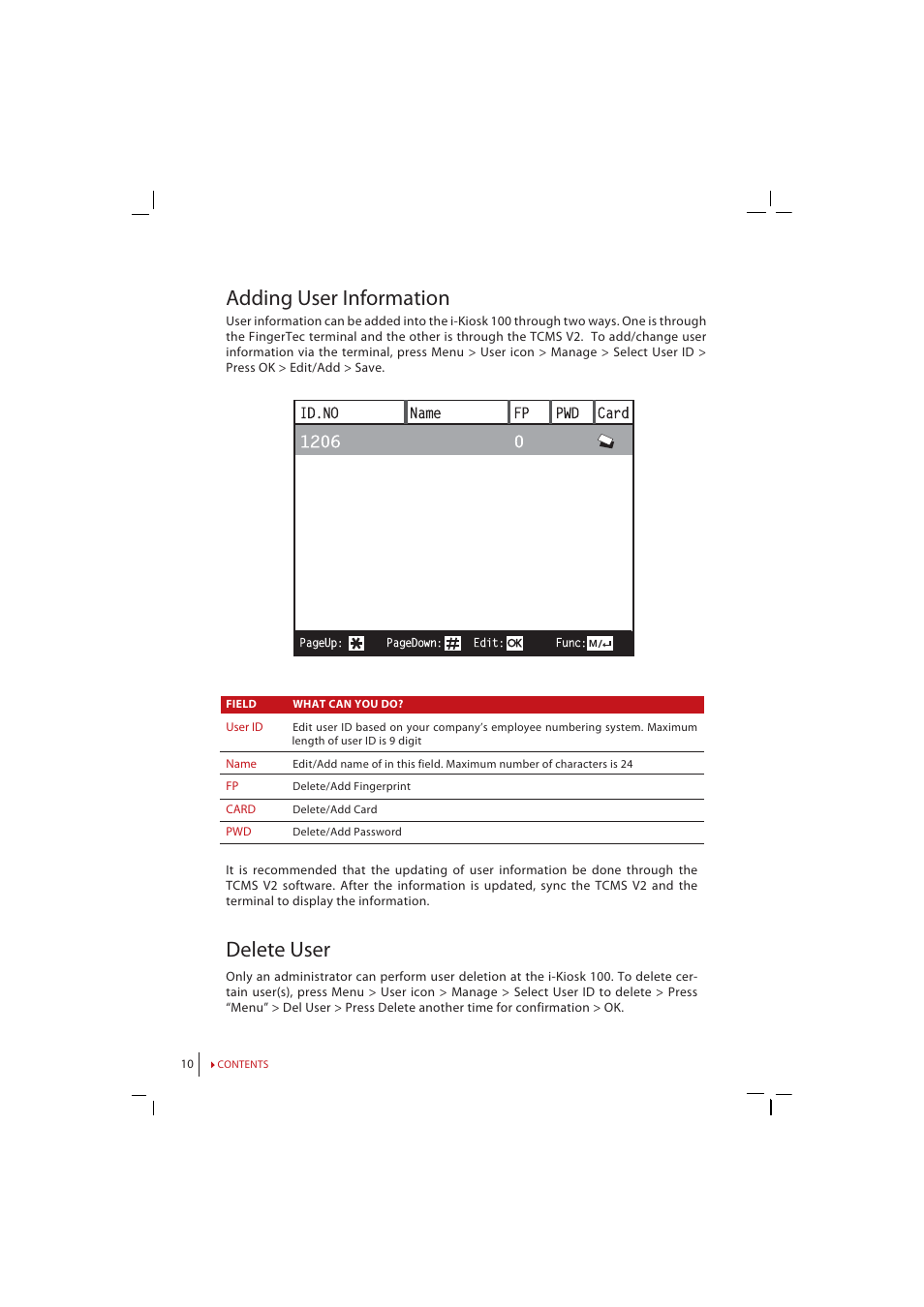 Adding user information, Delete user | FingerTec i-Kiosk 100 Manual User Manual | Page 10 / 30