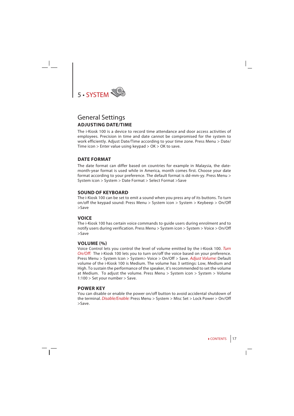 Chapter 5 • system, General, Settings | Display, Update, System, Information, 5 • system general settings | FingerTec i-Kiosk 100 Manual User Manual | Page 17 / 30