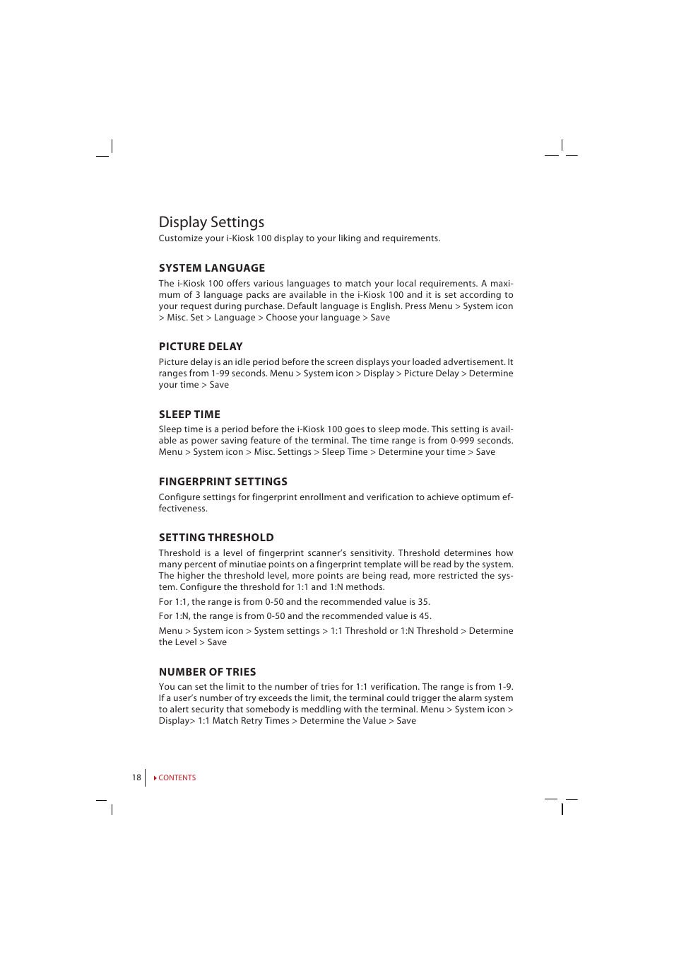 Display settings | FingerTec i-Kiosk 100 Manual User Manual | Page 18 / 30