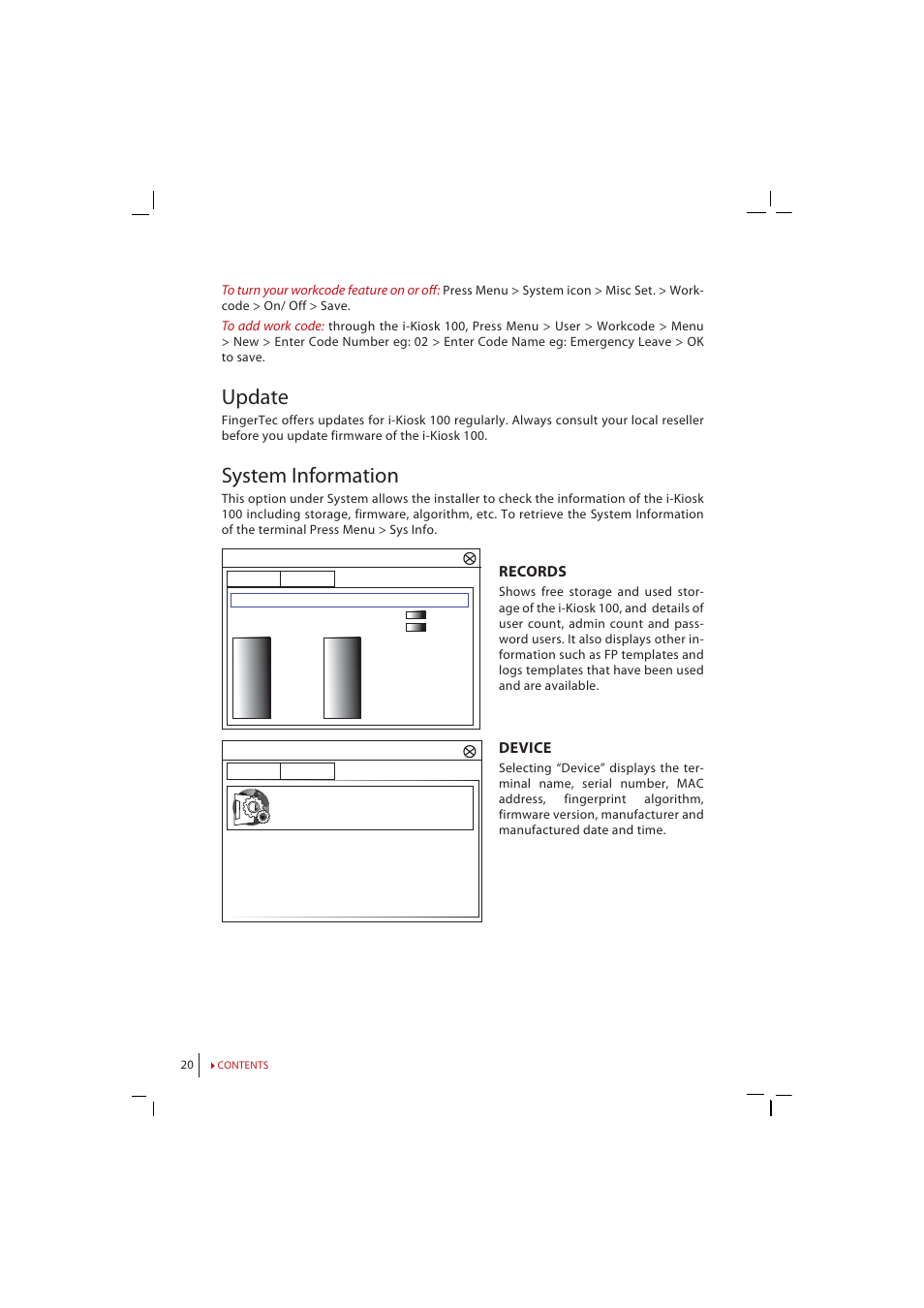 Update, System information, Records | Device | FingerTec i-Kiosk 100 Manual User Manual | Page 20 / 30