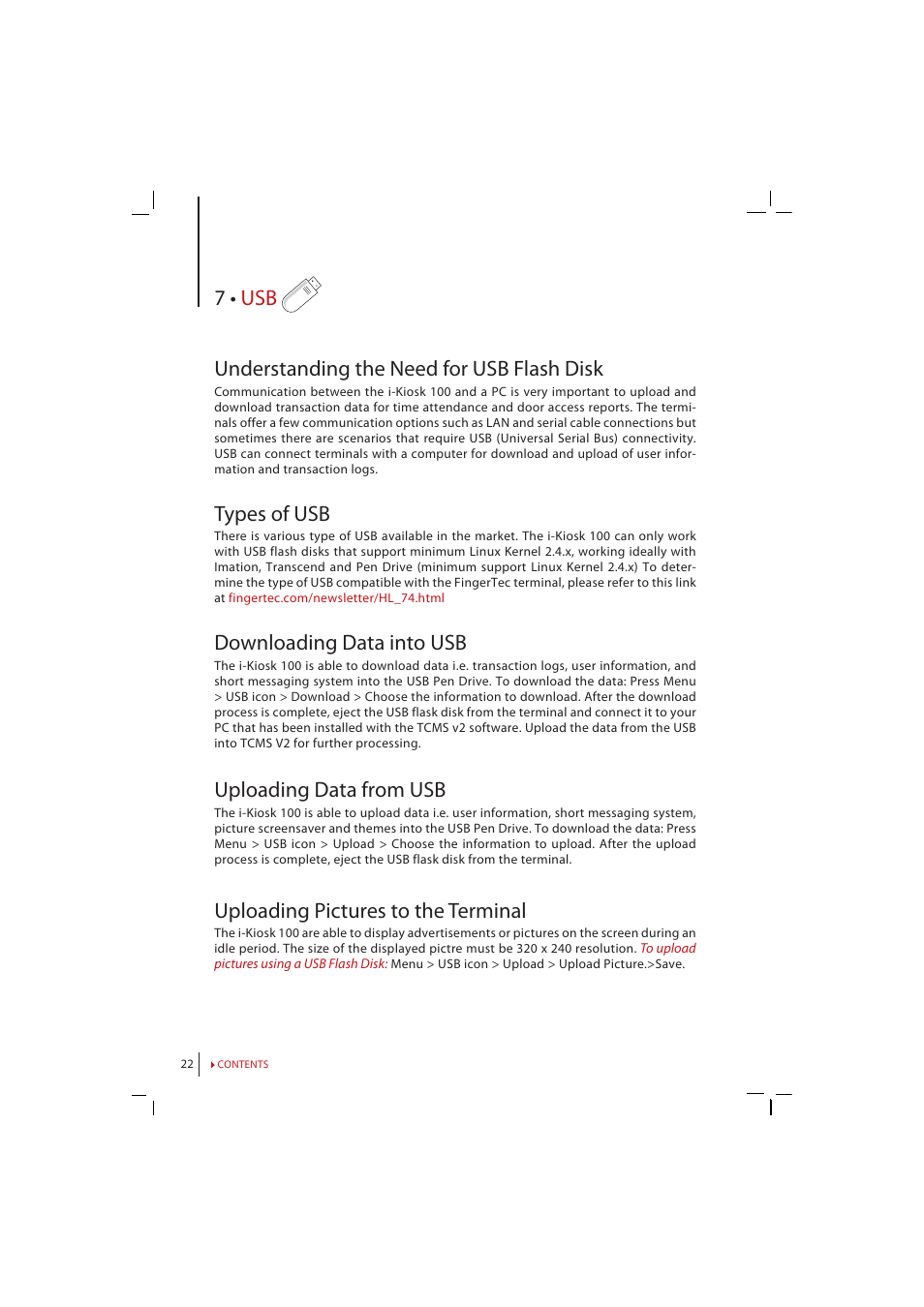 Chapter 7 • usb, Understanding the need for usb flash disk, Type of usb | Downloading data into usb, Uploading data from usb, Uploading pictures to the terminal, 7 • usb understanding the need for usb flash disk, Types of usb | FingerTec i-Kiosk 100 Manual User Manual | Page 22 / 30