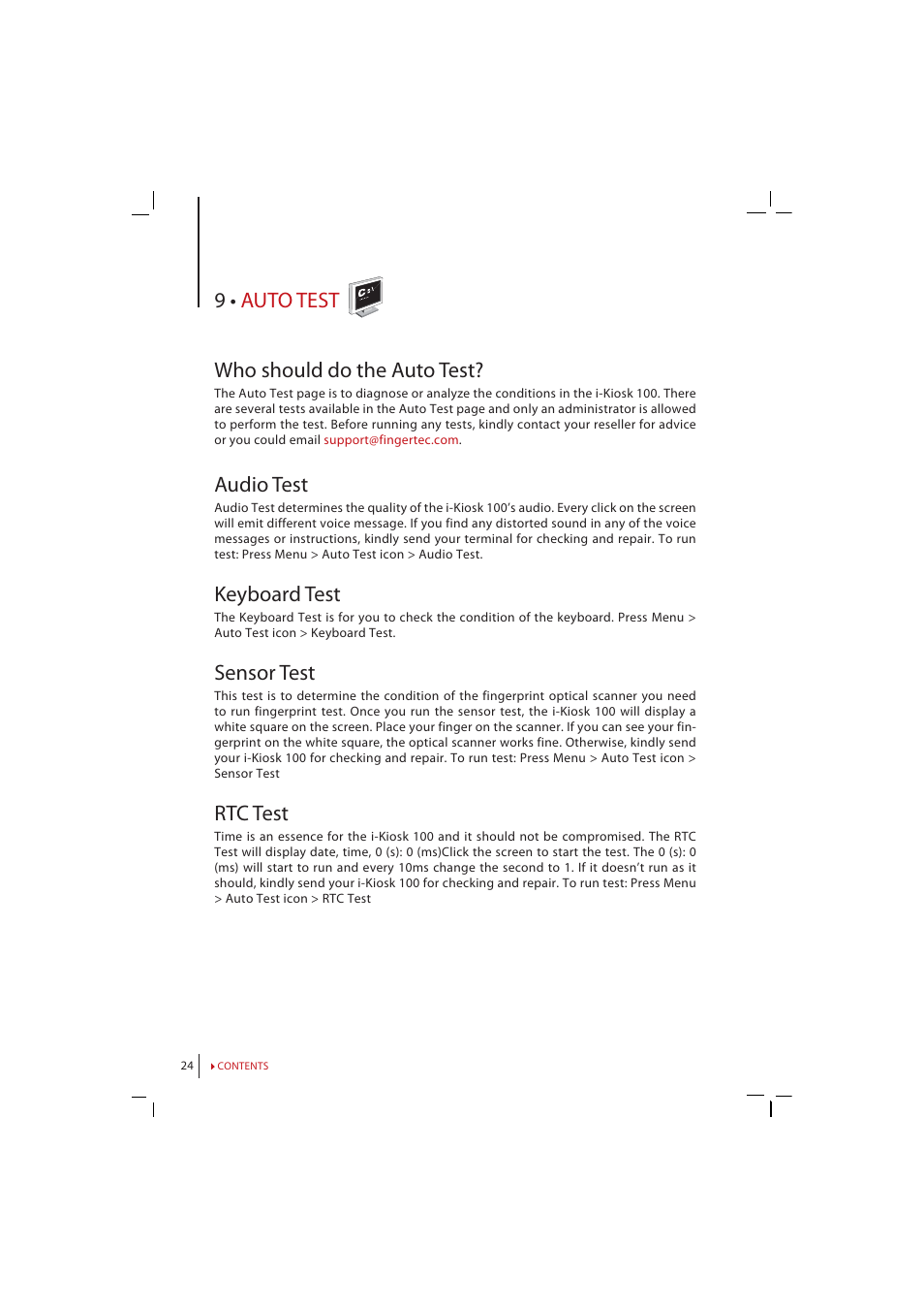 Chapter 9 • auto test, Who should do the auto test, Audio | Test, Keybord, Sensor, 9 • auto test who should do the auto test, Audio test, Keyboard test, Sensor test | FingerTec i-Kiosk 100 Manual User Manual | Page 24 / 30