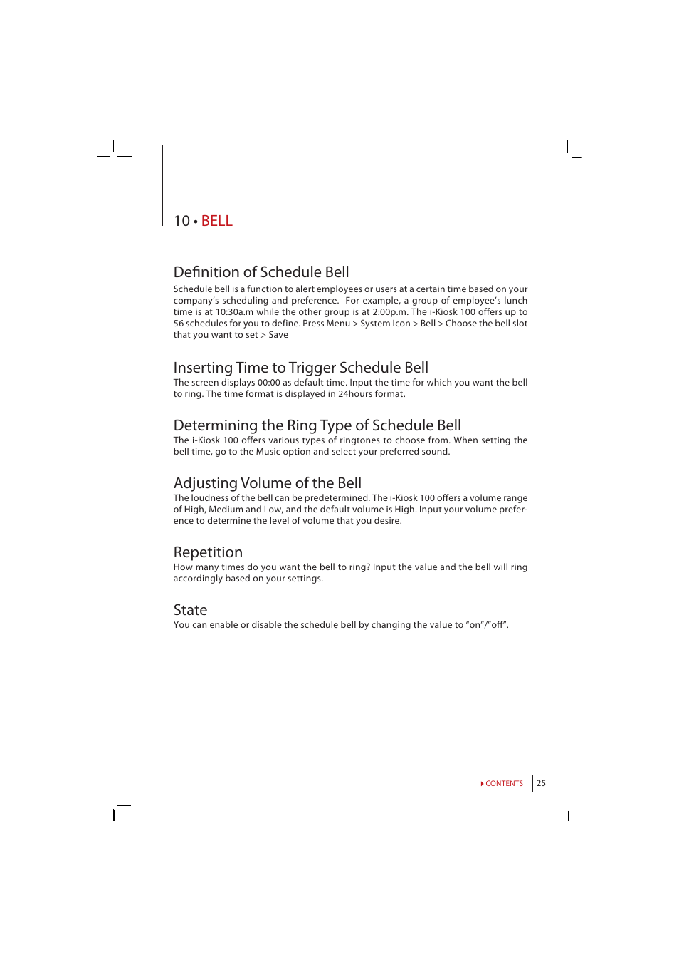 Chapter 10 • bell, Definition of schedule bell, Inserting time to trigger schedule bell | Determining the ring type of schedule bell, Adjusting volume of the bell, Repetition, State, 10 • bell defi nition of schedule bell | FingerTec i-Kiosk 100 Manual User Manual | Page 25 / 30