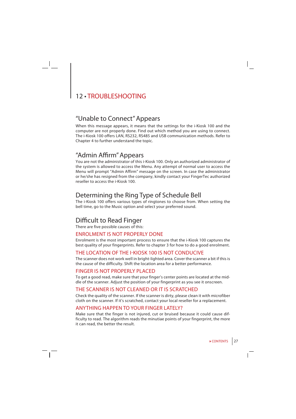 Chapter 13, Troubleshooting, 12 • troubleshooting “unable to connect” appears | Admin affi rm” appears, Determining the ring type of schedule bell, Diffi cult to read finger | FingerTec i-Kiosk 100 Manual User Manual | Page 27 / 30