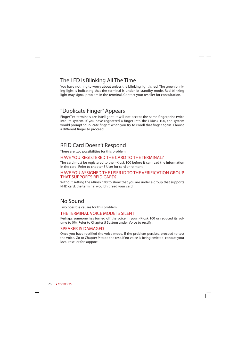 The led is blinking all the time, Duplicate finger” appears, Rfid card doesn’t respond | No sound | FingerTec i-Kiosk 100 Manual User Manual | Page 28 / 30