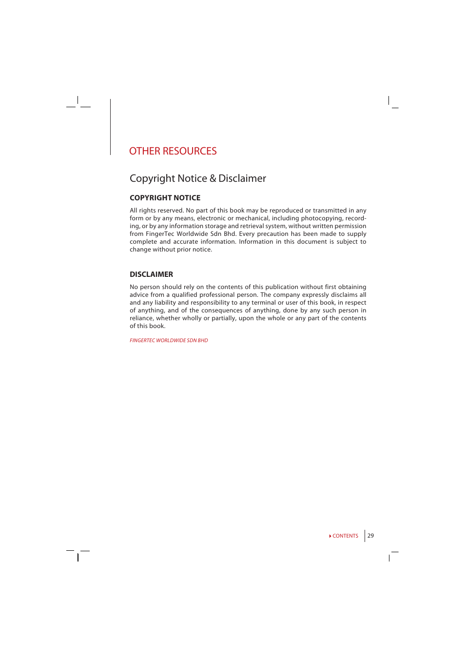 Other resources, Copyright notice & disclaimer, Other resources copyright notice & disclaimer | FingerTec i-Kiosk 100 Manual User Manual | Page 29 / 30