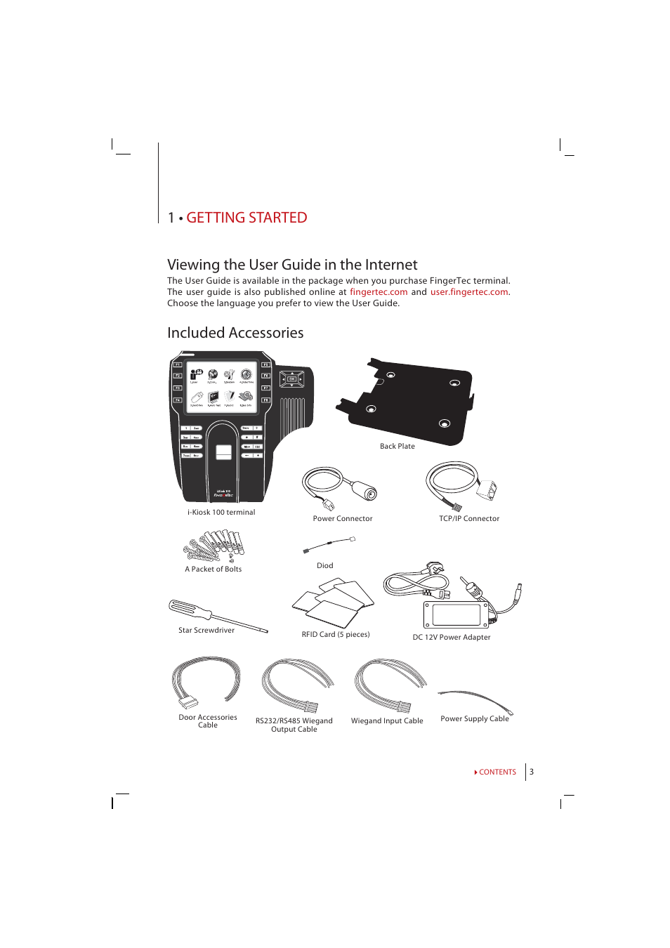Chapter 1, Getting, Started | Viewing the user manual in the internet, Included, Accessories, Included printed materials, Activating, Terminal, Registering | FingerTec i-Kiosk 100 Manual User Manual | Page 3 / 30