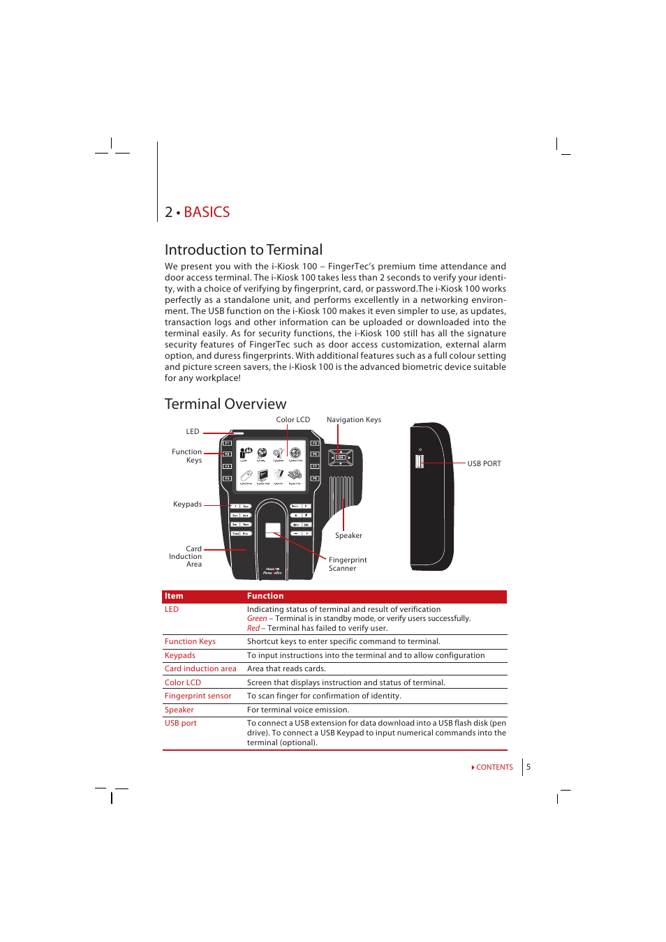 Chapter 2 • basics, Introduction to terminal, Terminal | Overview, Main, Menu, Power on/off button, Date/time, Voice, Control | FingerTec i-Kiosk 100 Manual User Manual | Page 5 / 30