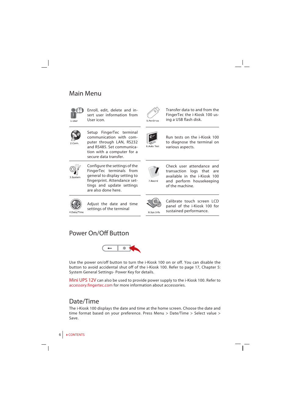 Power on/off button, Date/time, Main menu | FingerTec i-Kiosk 100 Manual User Manual | Page 6 / 30