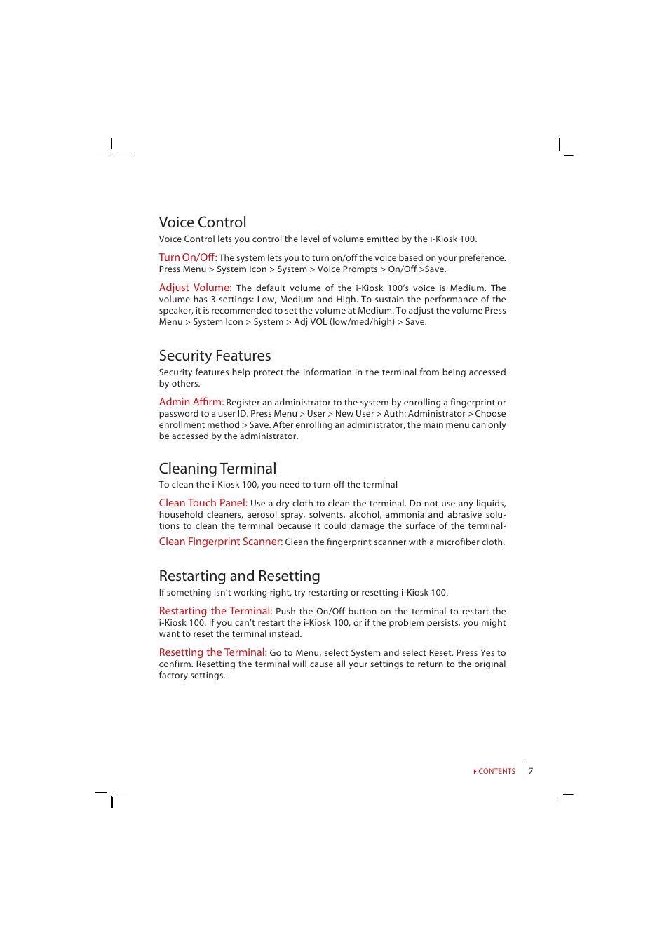 Voice control, Security features, Cleaning terminal | Restarting and resetting | FingerTec i-Kiosk 100 Manual User Manual | Page 7 / 30
