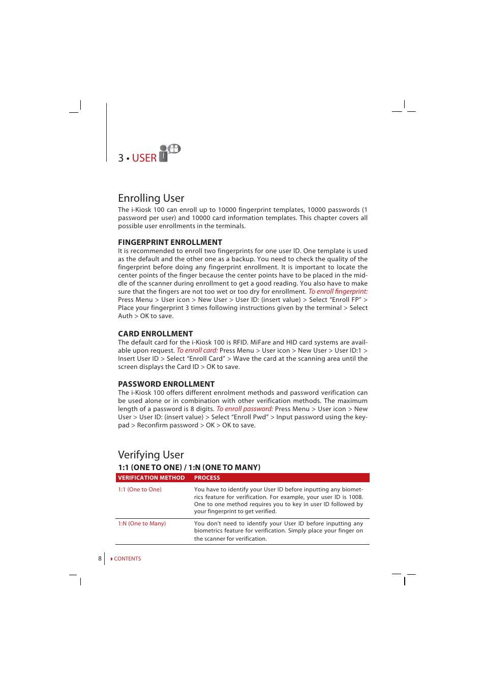 Chapter 3 • user, Enrolling user, Verifying | User, Adding user information, Deleting, Access, Level/privilege, 3 • user enrolling user, Verifying user | FingerTec i-Kiosk 100 Manual User Manual | Page 8 / 30