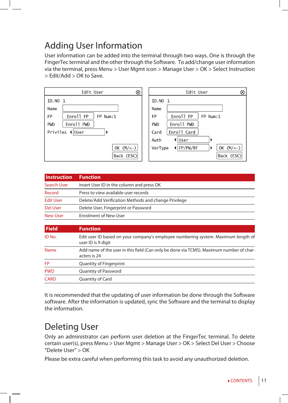 Adding user information, Deleting user | FingerTec Q2i Manual User Manual | Page 11 / 29