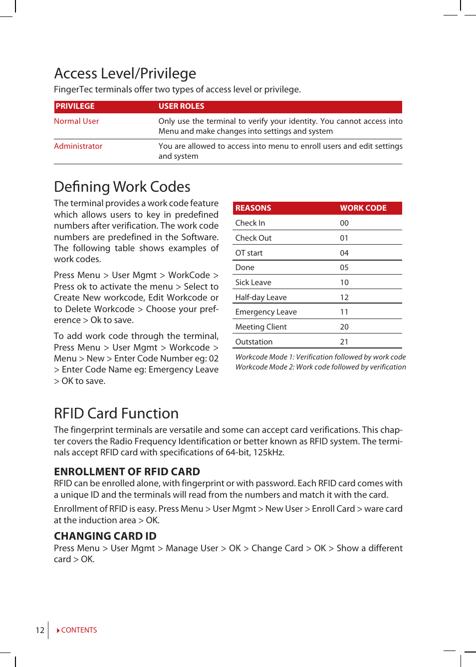 Access level/privilege, Defi ning work codes, Rfid card function | Enrollment of rfid card, Changing card id | FingerTec Q2i Manual User Manual | Page 12 / 29