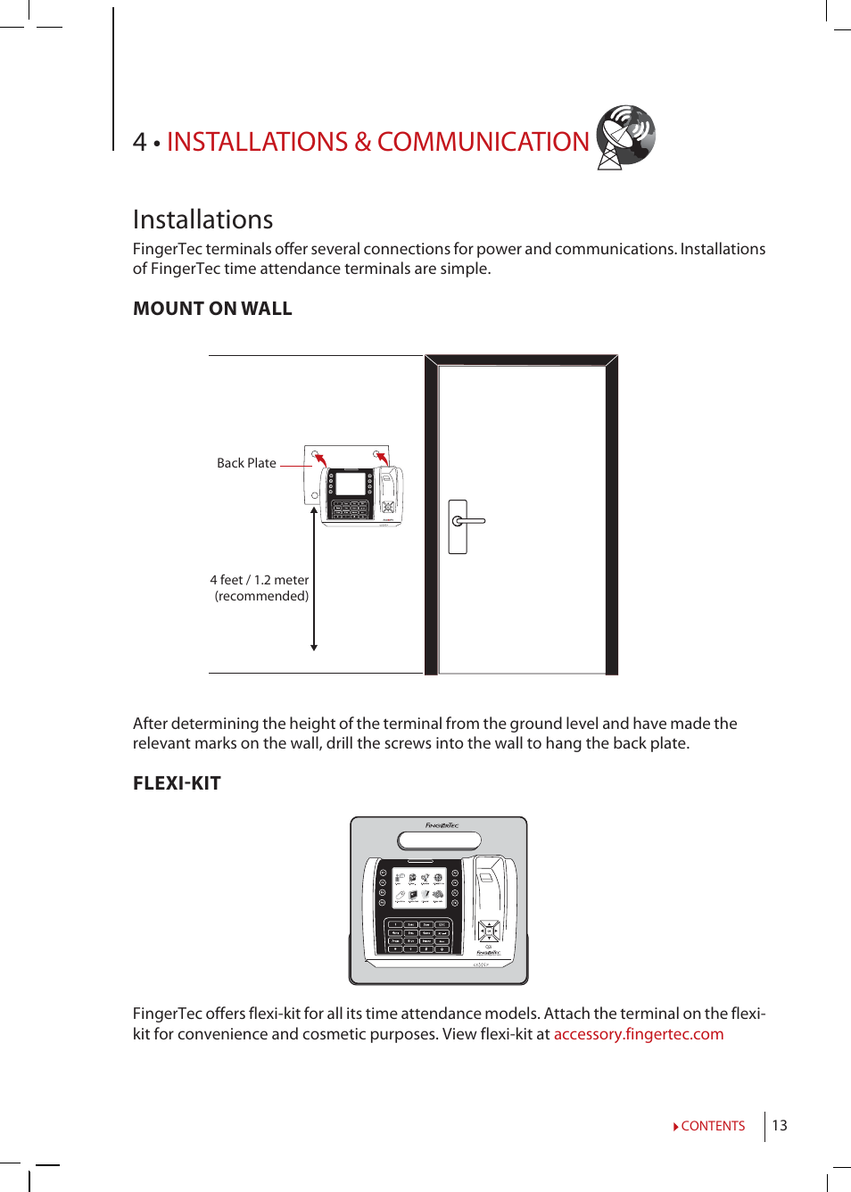 Chapter 4, Installations, Connection | Communications, Security, Ingress online activation, Installation and setup of ingress, Connecting terminals to ingress, Using usb to download/upload data, Communication | FingerTec Q2i Manual User Manual | Page 13 / 29