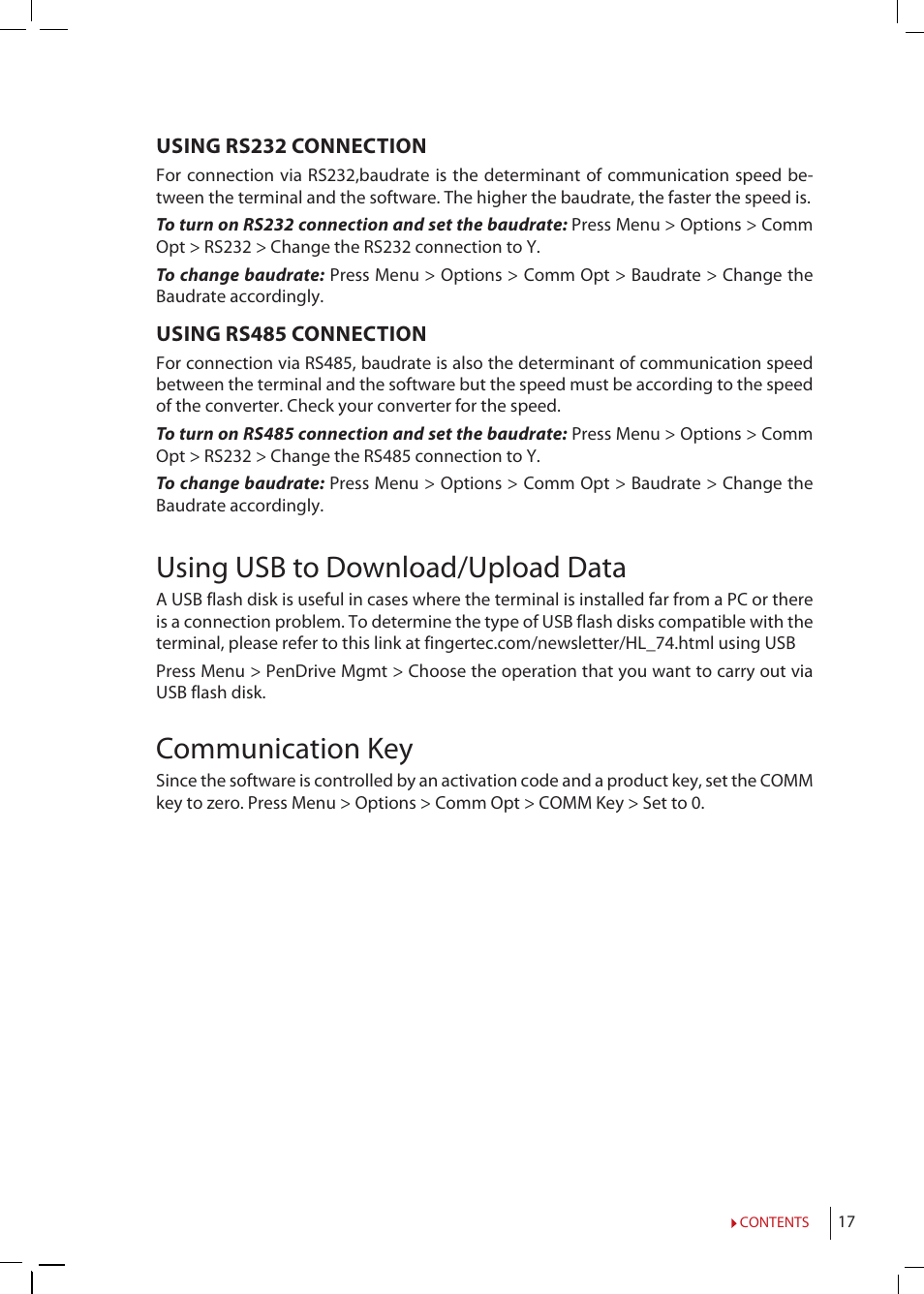 Using usb to download/upload data, Communication key | FingerTec Q2i Manual User Manual | Page 17 / 29