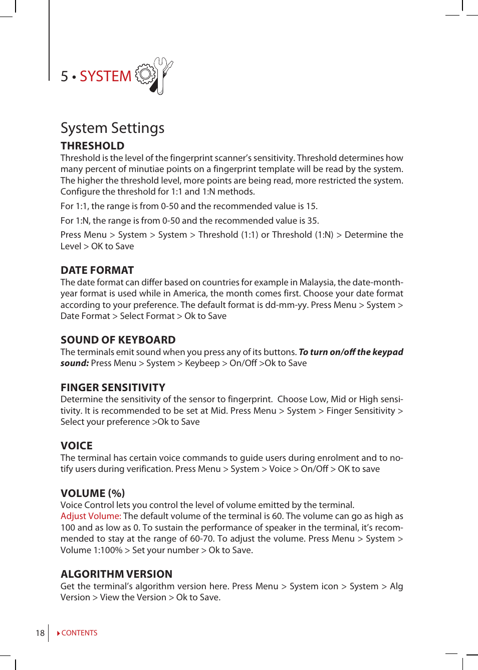 Chapter 5 • system, System, Settings | Data, Management, Data update using usb flash disk, Keyboard, Display, Reset, Misc | FingerTec Q2i Manual User Manual | Page 18 / 29