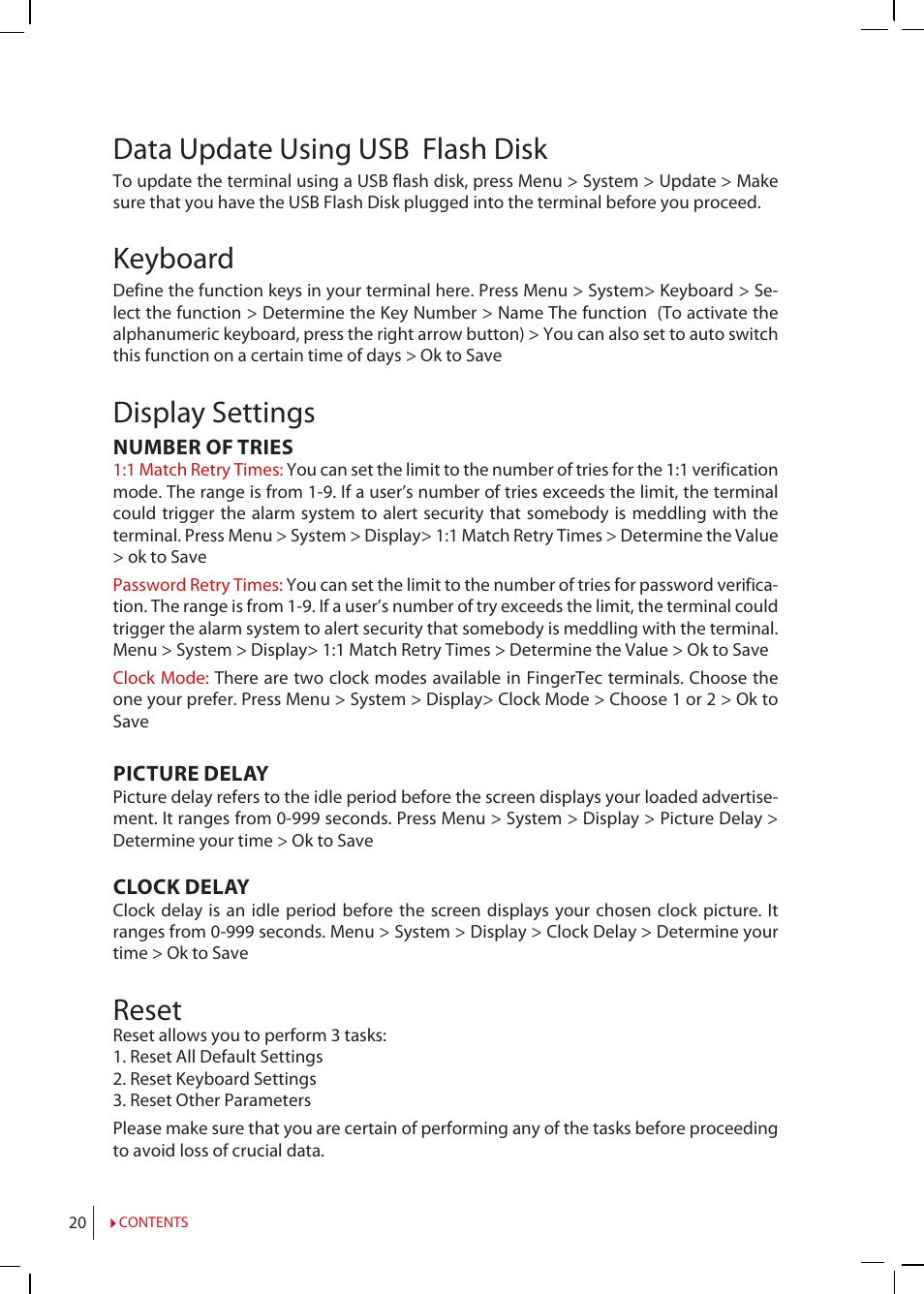 Data update using usb flash disk, Keyboard, Display settings | Reset | FingerTec Q2i Manual User Manual | Page 20 / 29
