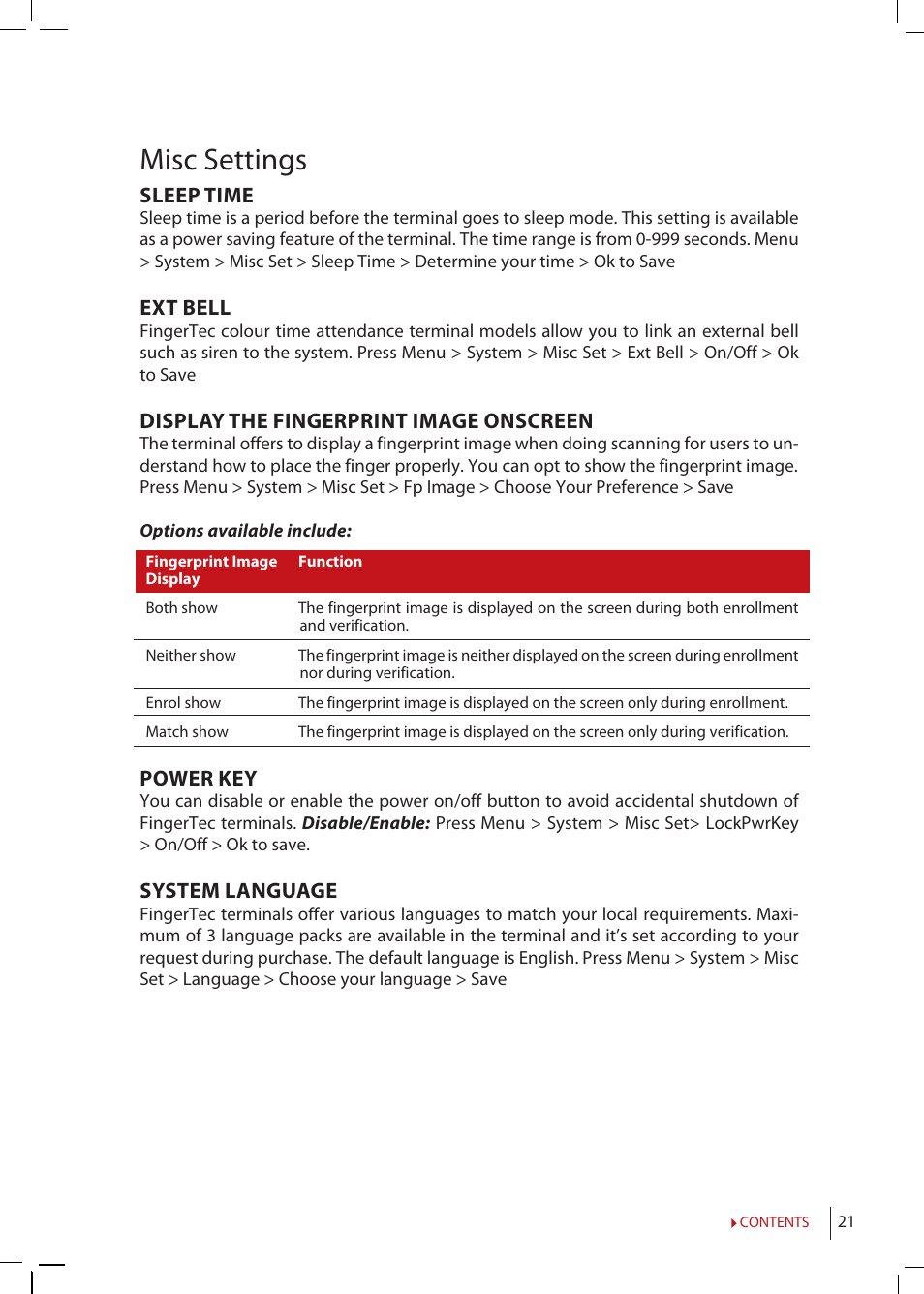 Misc settings, Sleep time, Ext bell | Display the fingerprint image onscreen, Power key, System language | FingerTec Q2i Manual User Manual | Page 21 / 29