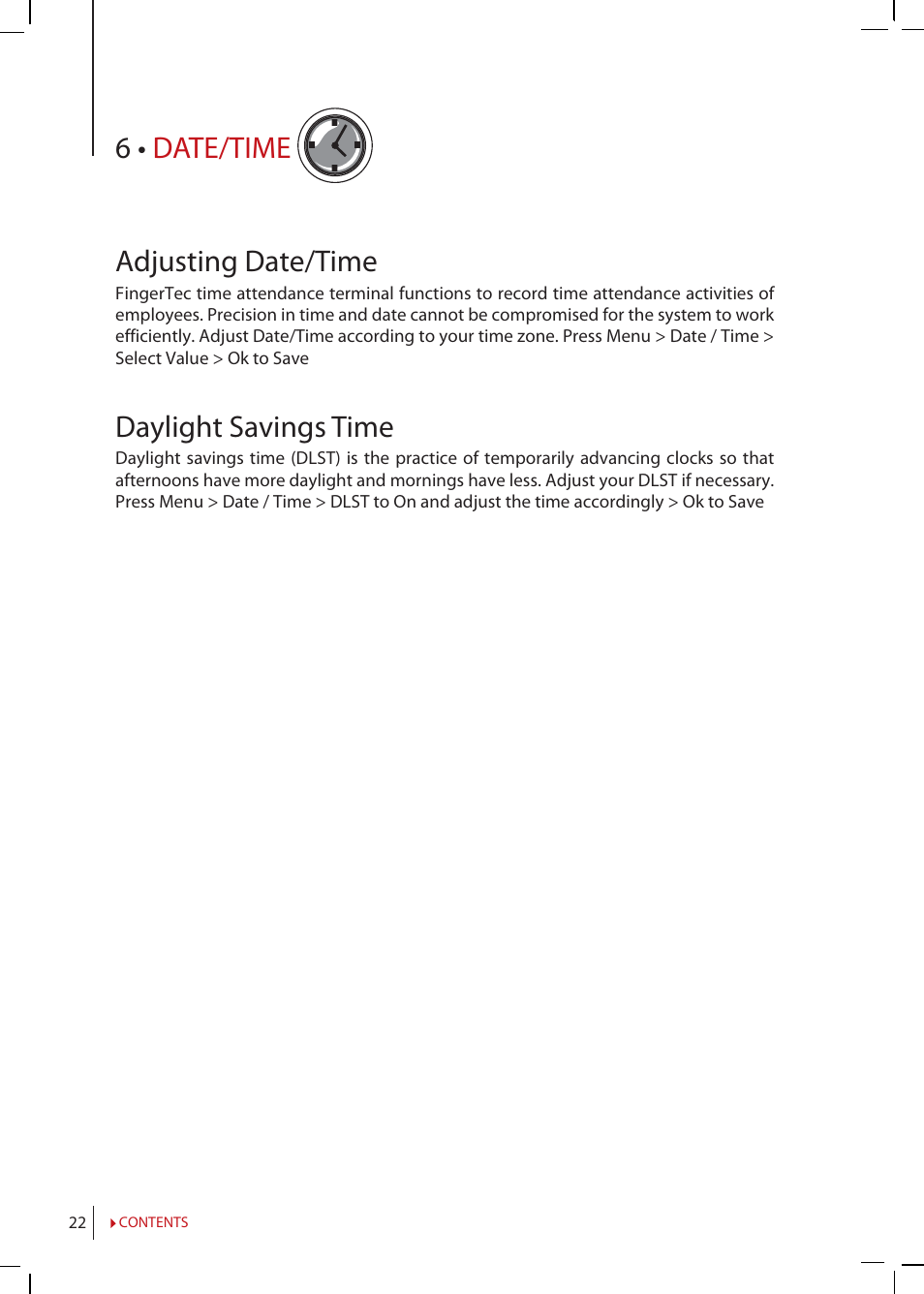 Chapter 6 • date/time, Setting date/time, Daylight saving time | 6 • date/time adjusting date/time, Daylight savings time | FingerTec Q2i Manual User Manual | Page 22 / 29