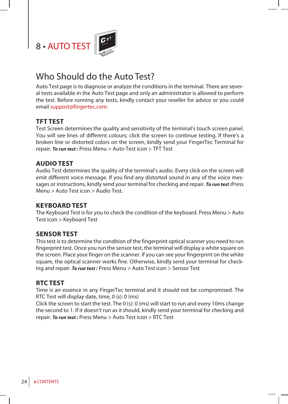 Chapter 8 • auto test, Who should do the auto test, 8 • auto test who should do the auto test | FingerTec Q2i Manual User Manual | Page 24 / 29