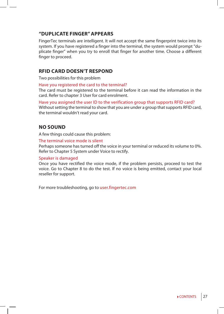 Troubleshooting | FingerTec Q2i Manual User Manual | Page 27 / 29
