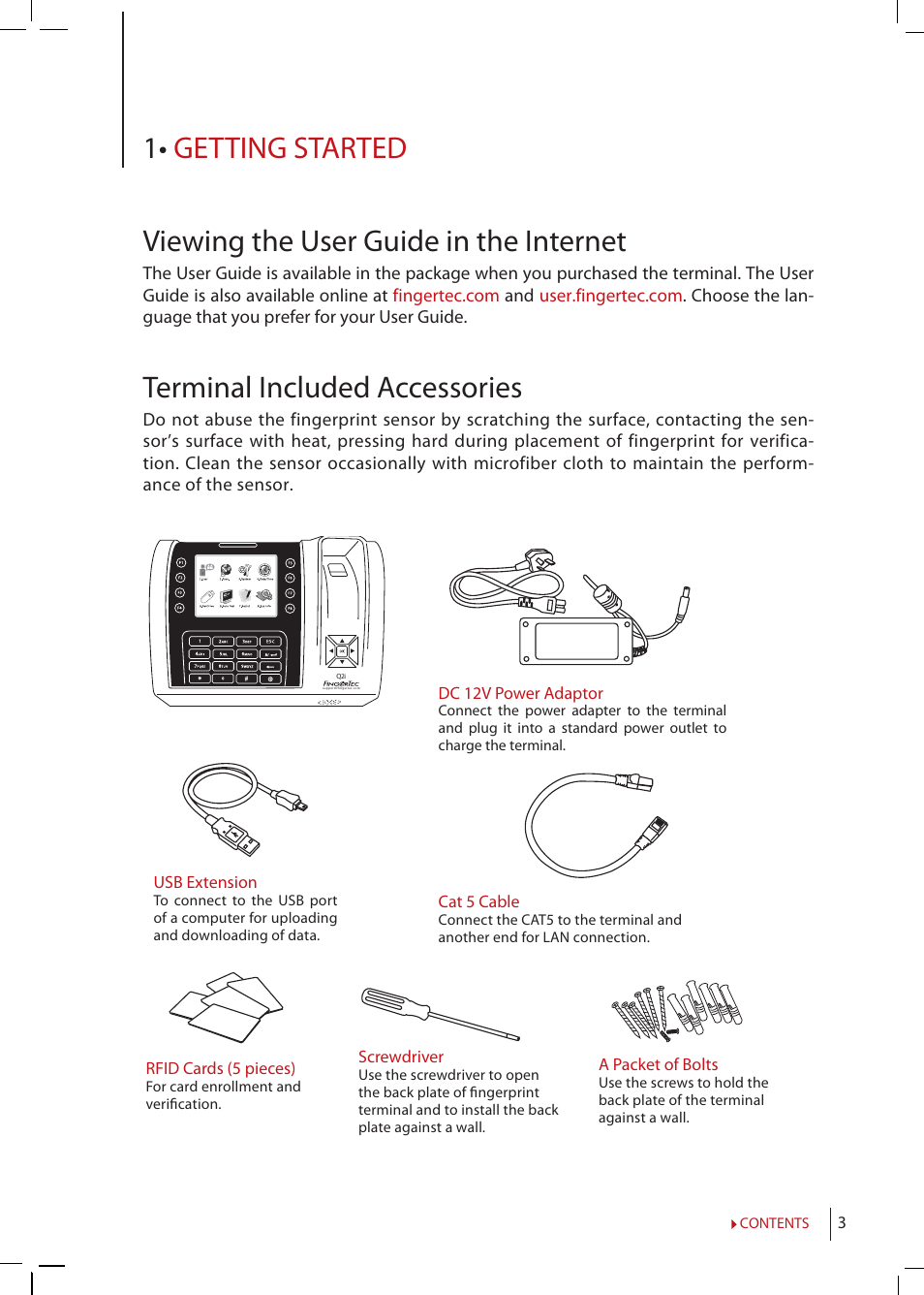 Chapter 1, Getting, Started | Viewing the user guide in the internet, Terminal included accessories, Included printed materials, Activating, Terminal, Registering | FingerTec Q2i Manual User Manual | Page 3 / 29