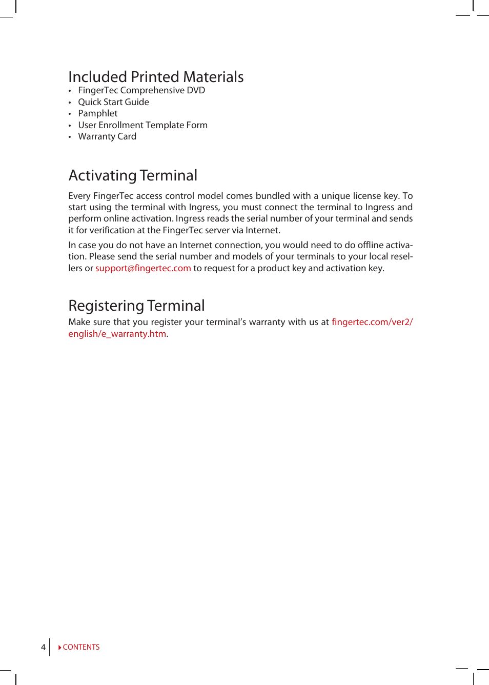 Included printed materials, Activating terminal, Registering terminal | FingerTec Q2i Manual User Manual | Page 4 / 29