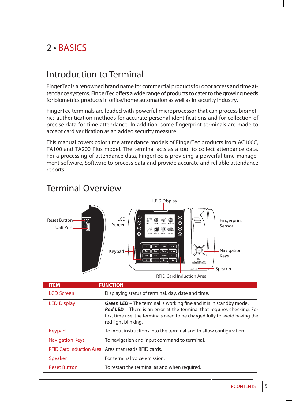 Chapter 2 • basics, Introduction to terminal, Terminal | Overview, Main, Menu, Power on/off button, Battery, Date/time, Voice | FingerTec Q2i Manual User Manual | Page 5 / 29