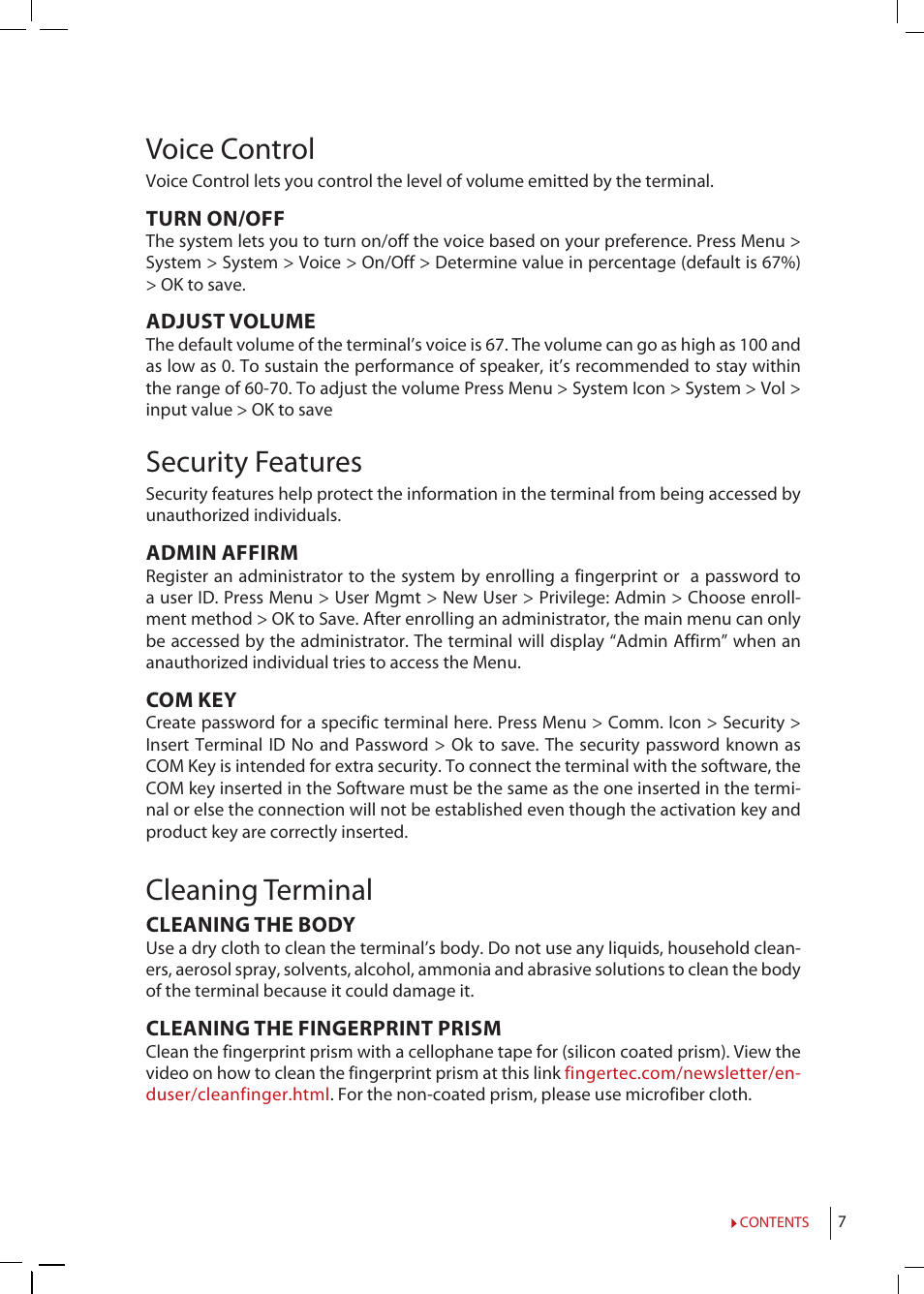 Voice control, Security features, Cleaning terminal | FingerTec Q2i Manual User Manual | Page 7 / 29