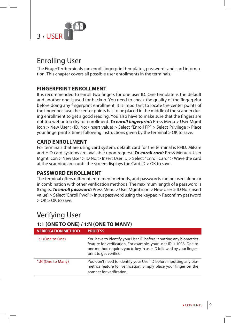 Chapter 3 • user, Enrolling, User | Verifying, Adding user information, Deleting, Access, Level/privilege, Defining work codes, Rfid card function | FingerTec Q2i Manual User Manual | Page 9 / 29