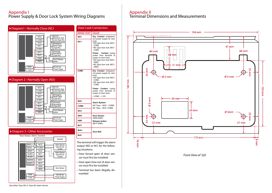 Front view of q2i, Door lock connectors | FingerTec Q2i Installation Guide User Manual | Page 3 / 3
