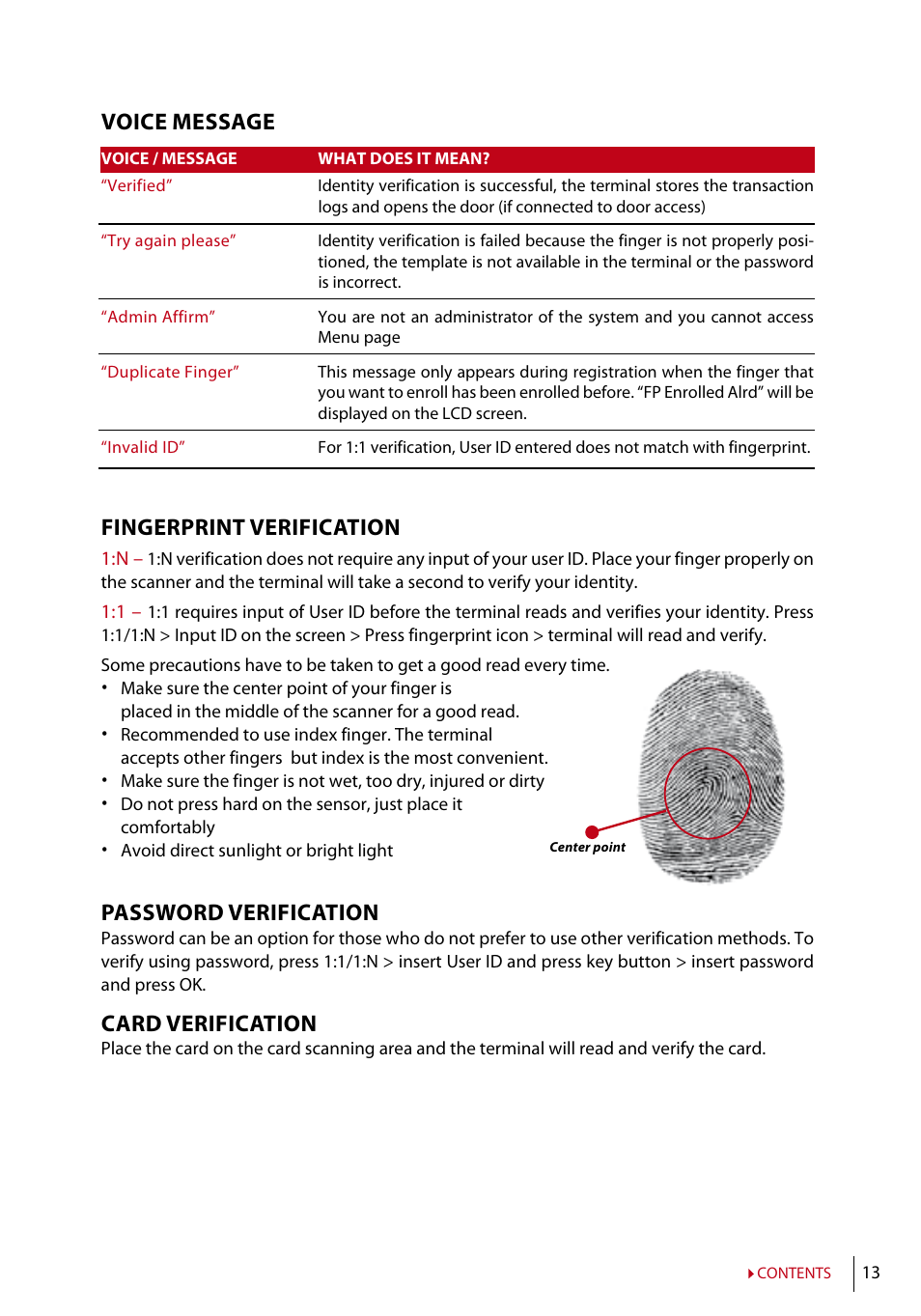 Voice message, Fingerprint verification, Password verification | Card verification | FingerTec TA200 Plus Manual User Manual | Page 12 / 29