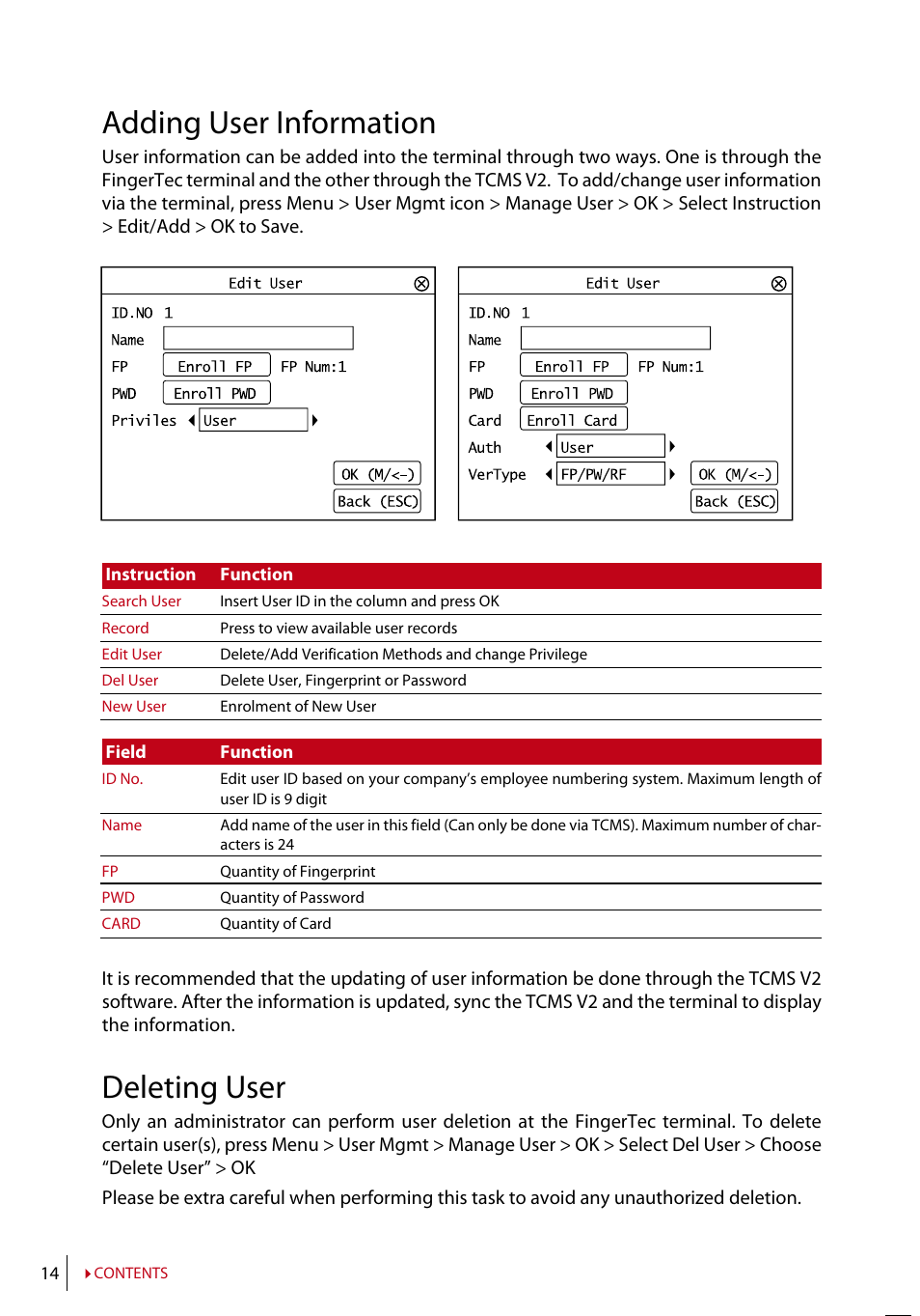 Adding user information, Deleting user | FingerTec TA200 Plus Manual User Manual | Page 13 / 29