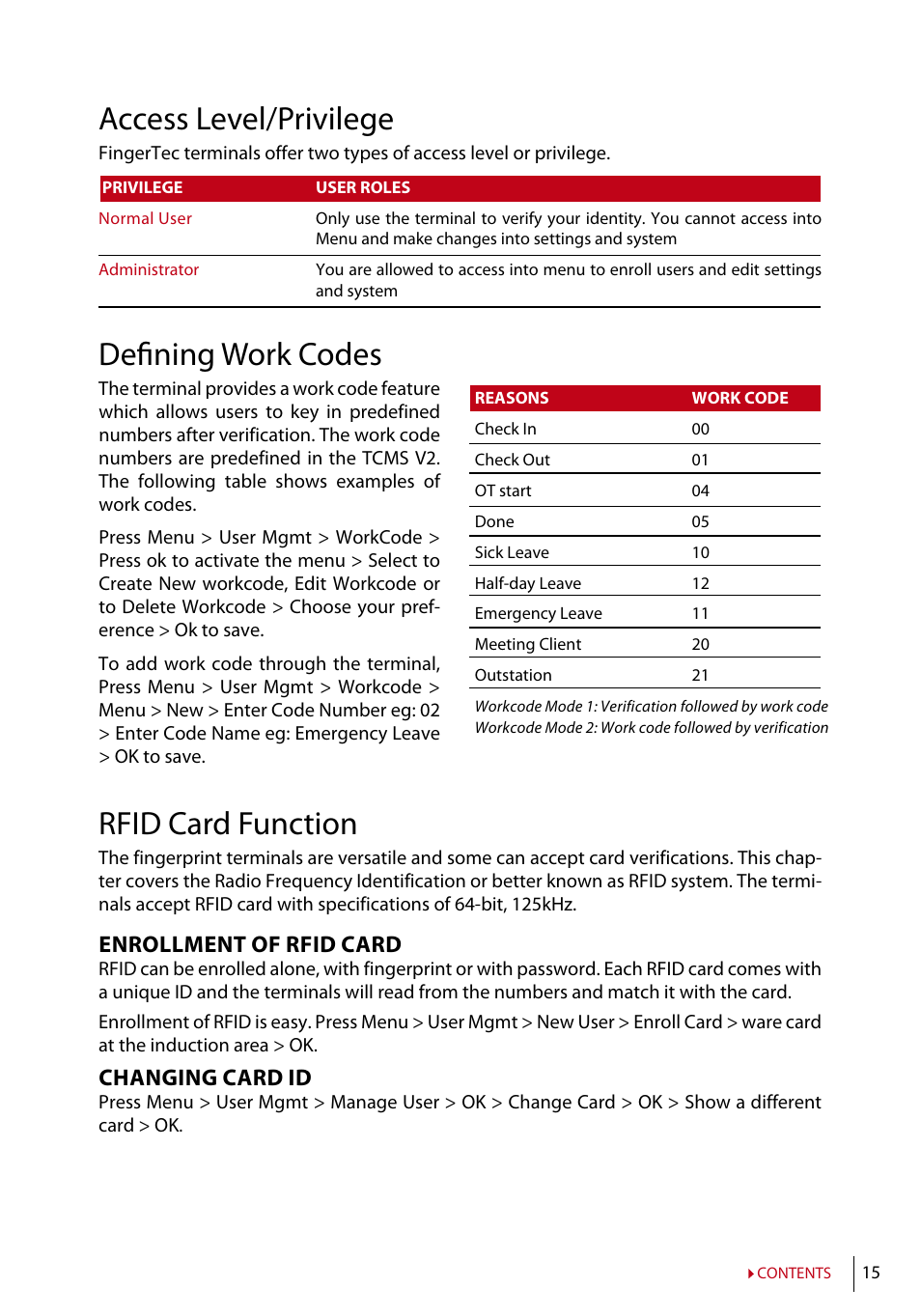 Access level/privilege, Defining work codes, Rfid card function | Enrollment of rfid card, Changing card id | FingerTec TA200 Plus Manual User Manual | Page 14 / 29