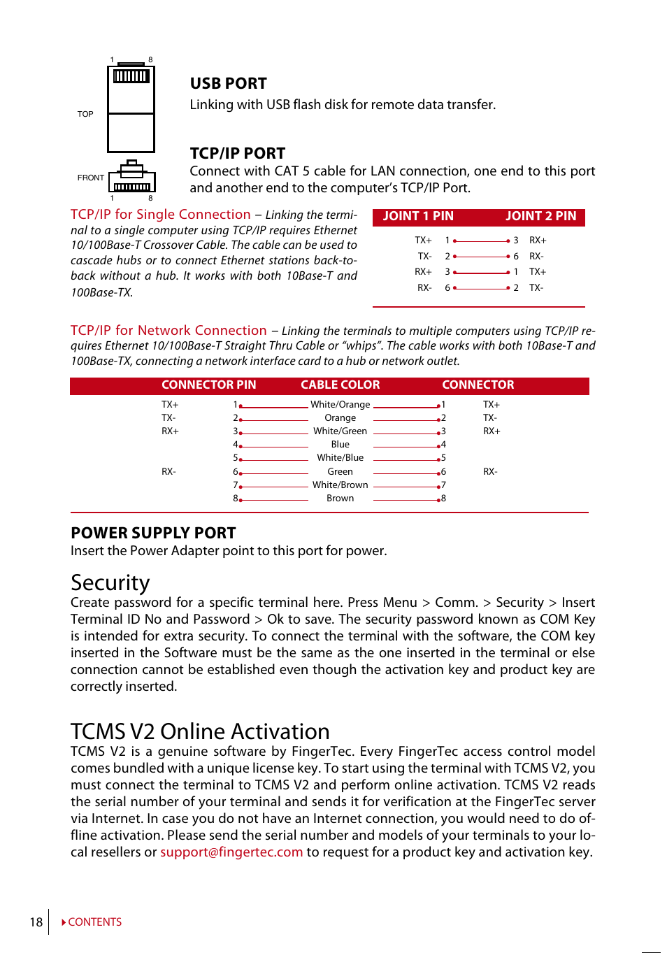 Security, Tcms v2 online activation, Usb port | Tcp/ip port, Power supply port | FingerTec TA200 Plus Manual User Manual | Page 17 / 29